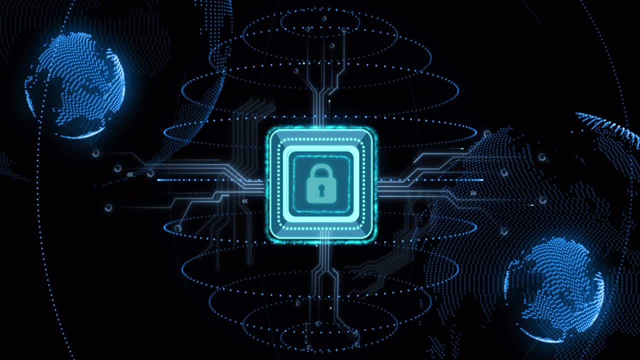 Lock icon with digital circuits and glowing lines, cybersecurity animation over globe