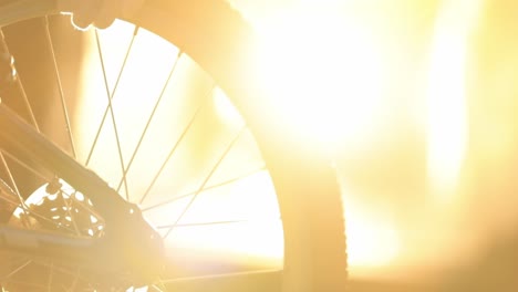 Von-Hand-Gedrehtes-Fahrradrad-In-Zeitlupe-Mit-Leuchtend-Gelbem-Licht