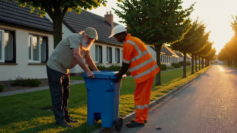 waste collector assists resident with recycling bin incident