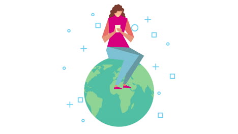 woman using smartphone seated in earth planet