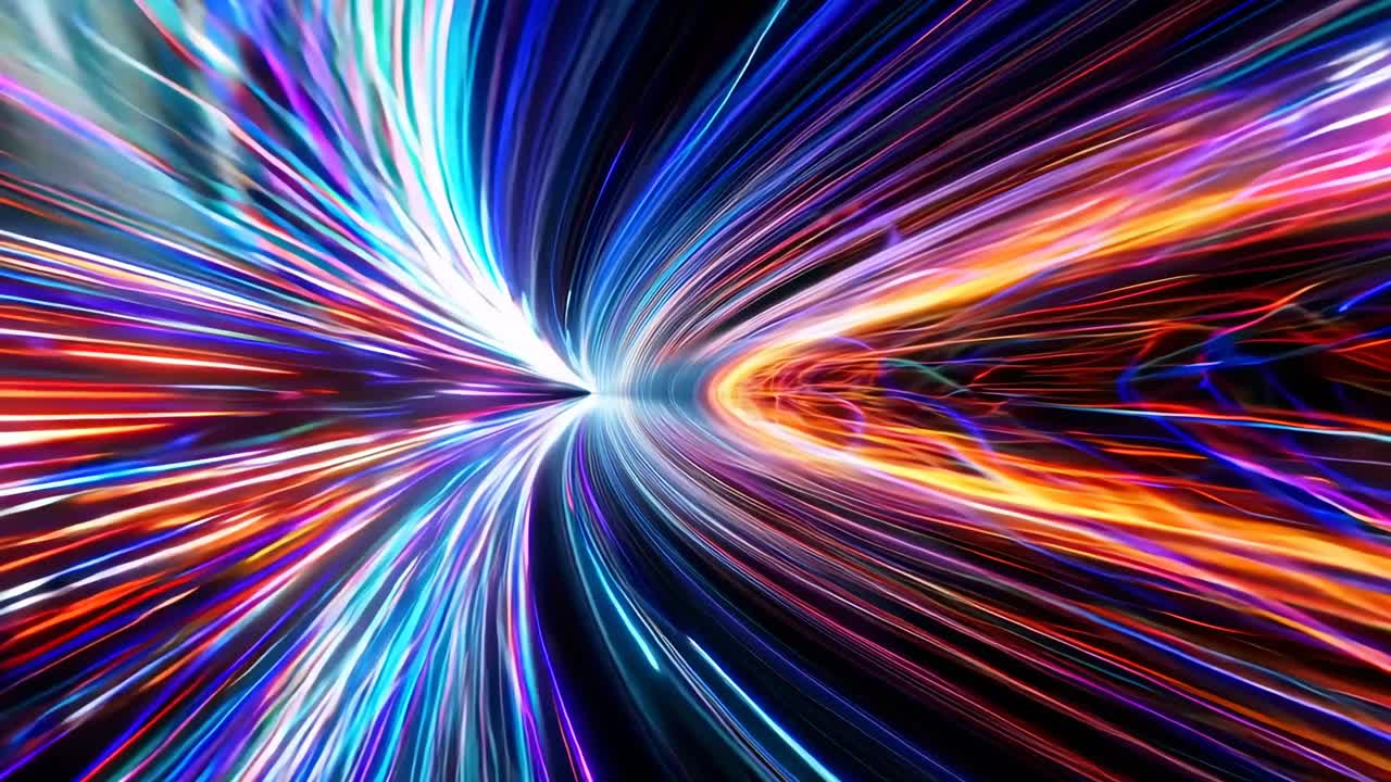 Scie di luce dinamiche e colorate creano un effetto tunnel, simulando un movimento ad alta velocità