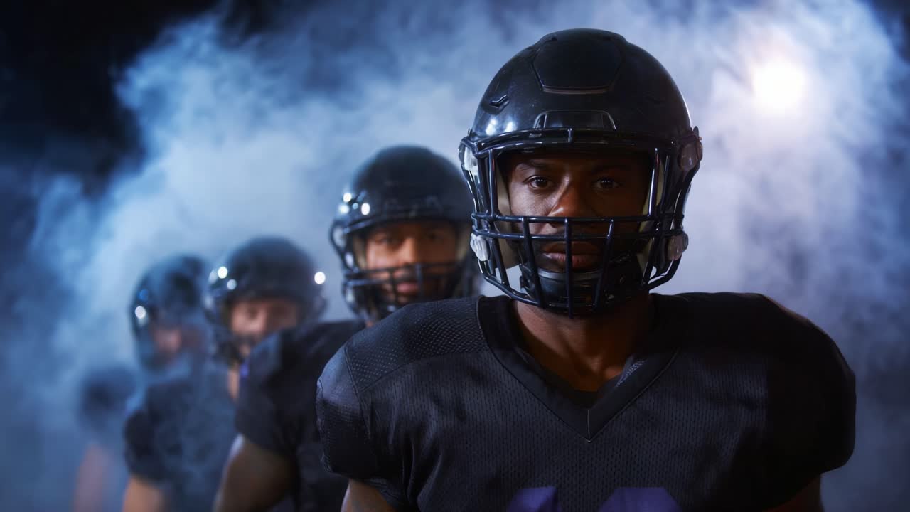 A determined football team advances through fog, showcasing their strength and unity as they prepare to take on their next challenge on the field