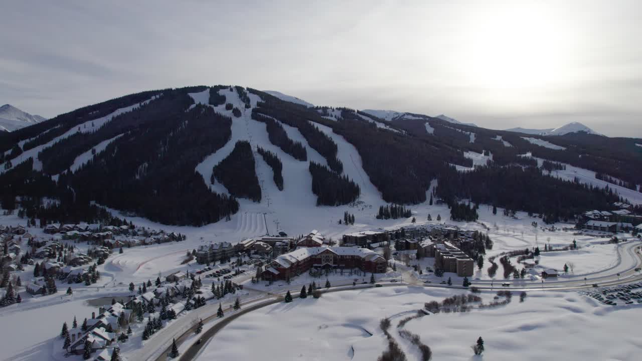 Drone aerial view of a ski resort in Colorado outside of Denver