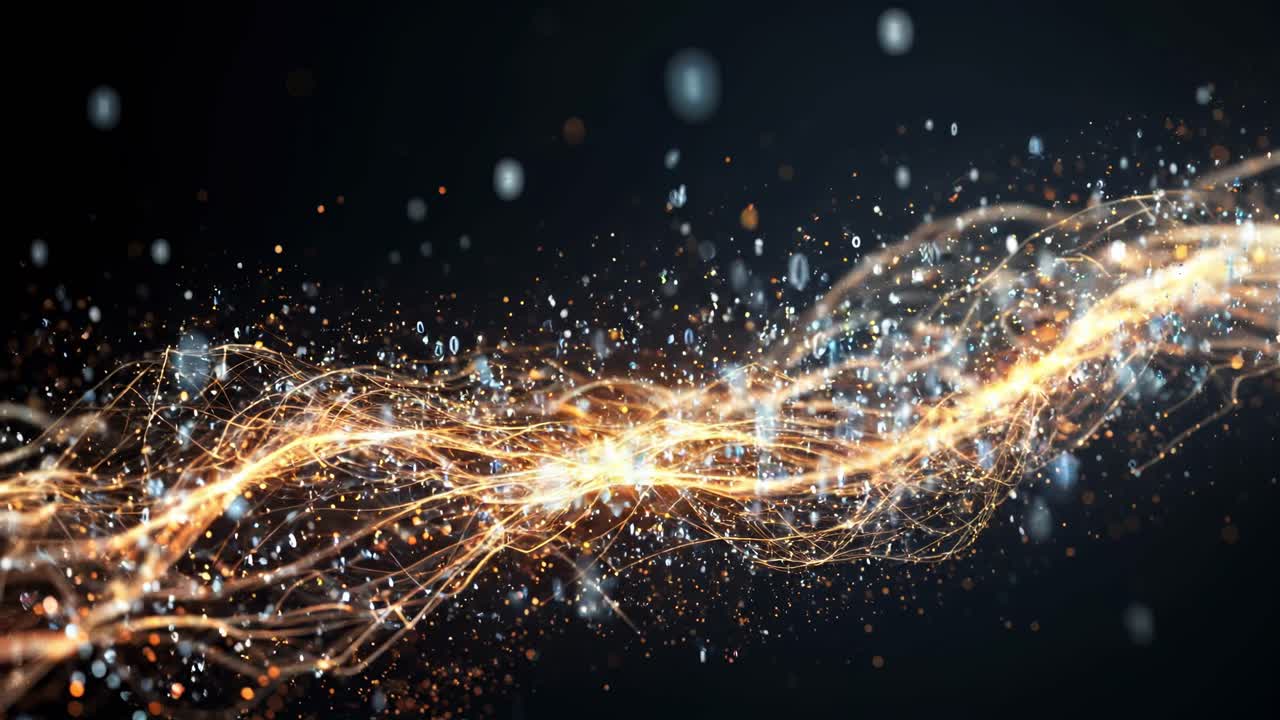 Dynamic digital stream showcasing shimmering particles and glowing lights representing data flow in technology