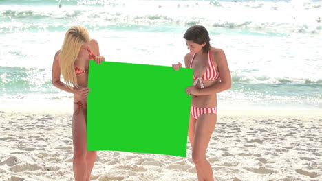 Two-women-holding-a-green-screen