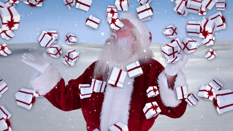 santa levantando las manos con regalos de navidad que caen