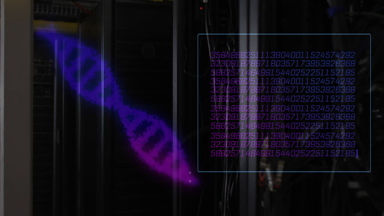 Animation of dna strands and data processing over server room