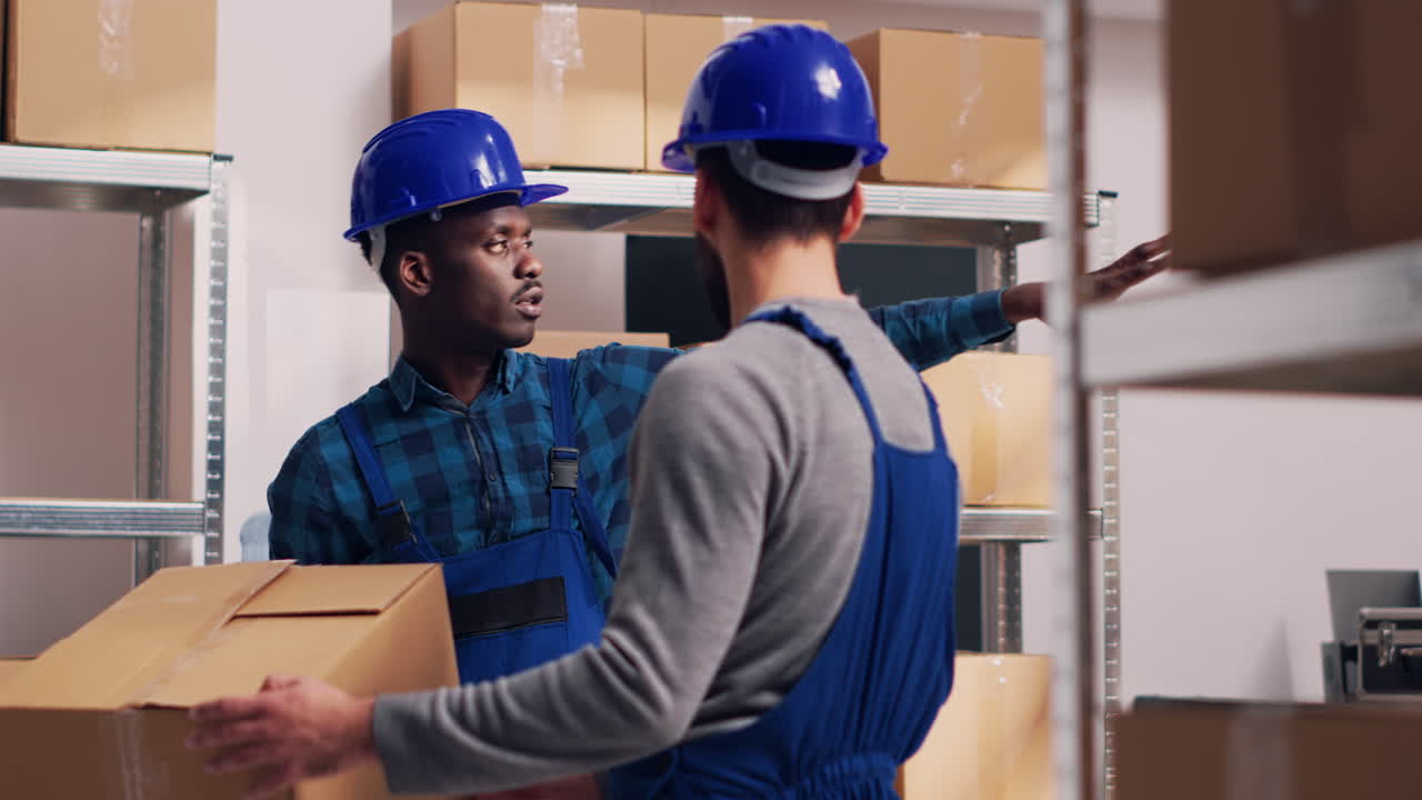 Warehouse workers handling packages in a warehouse