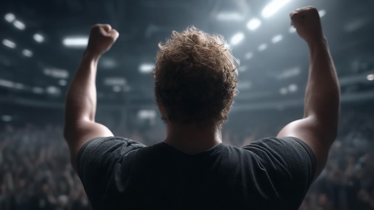 A triumphant figure stands with raised fists, embodying victory and empowerment as an enthusiastic crowd erupts in celebration, capturing the essence of human achievement and joy