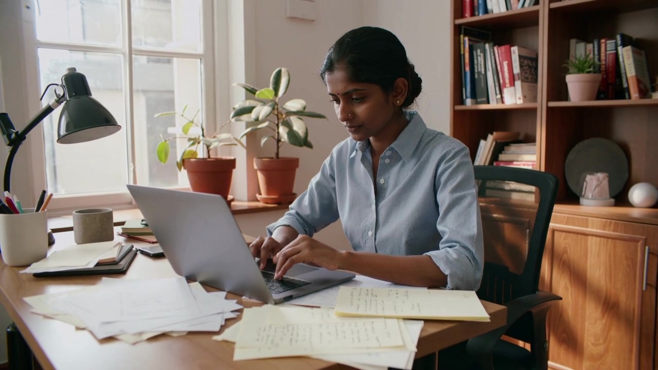 Starting task, woman in blue shirt typing and checking notes at home office with laptop, papers