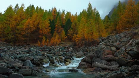 Feevispa-river-Saas-Fee-Swizerland-glacier-glacial-yellow-autumn-Larch-forest-snowmelt-aerial-drone-moody-rainy-fog-mist-cloudy-grey-peaceful-Swiss-Alpine-Alps-valley-mountain-slide-to-the-left-motion