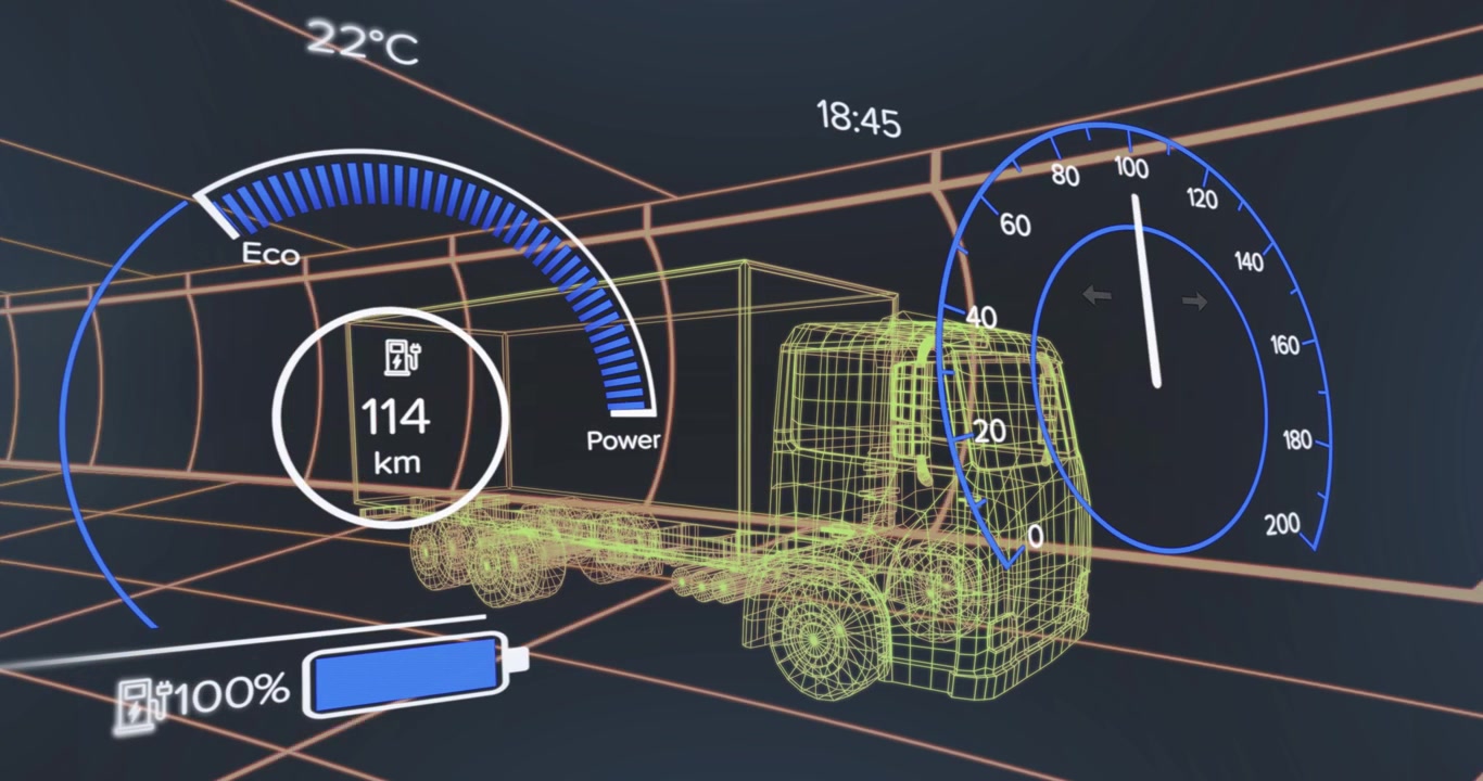 Animazione di tachimetro su progetto di camion elettrico su sfondo blu scuro