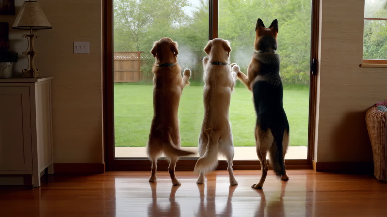 Three Dogs Gazing Curiously Out a Glass Door