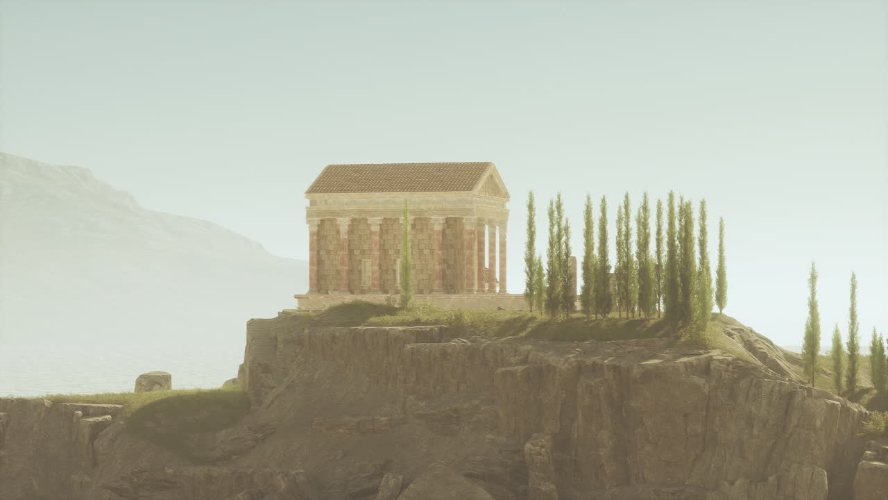 Ruins of an ancient roman temple on a rocky hill with cypress trees