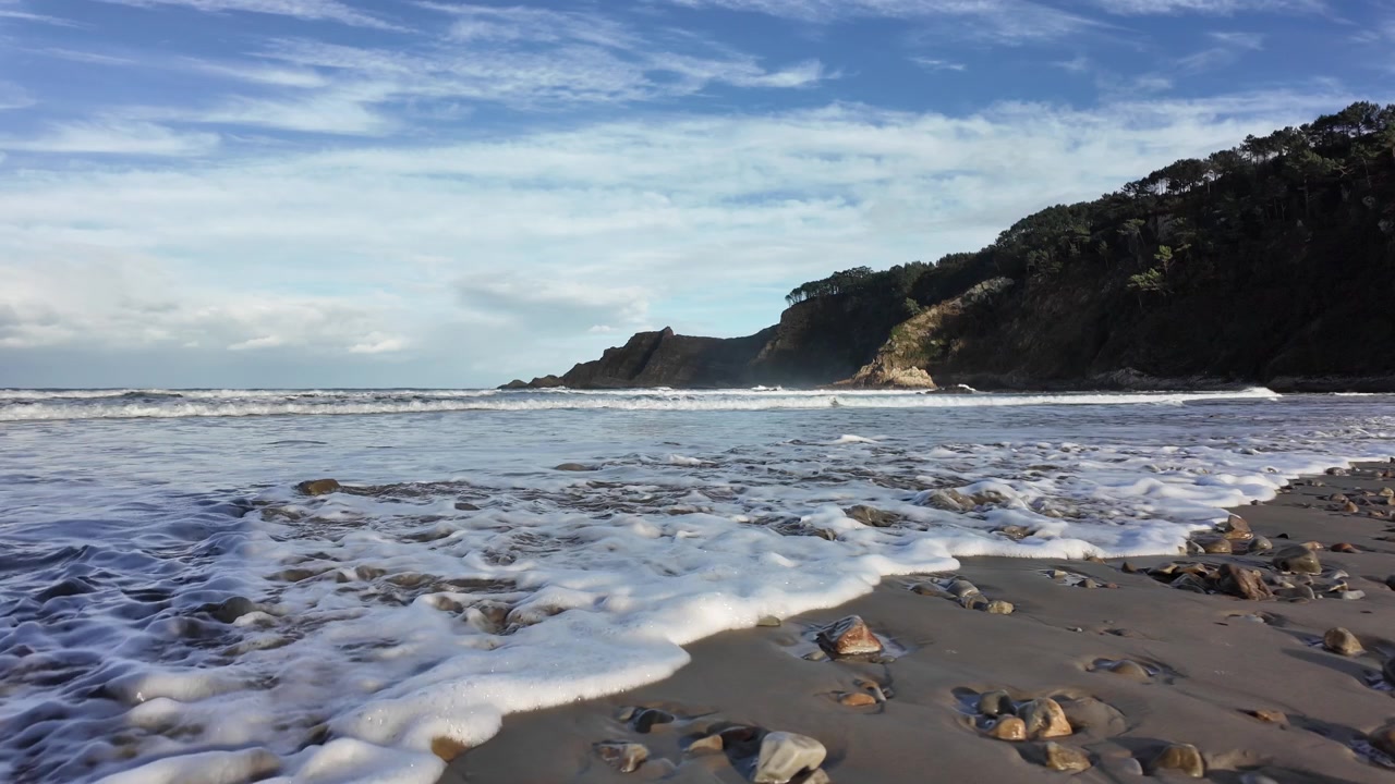 蓝色天空下，悬崖峭壁与海浪交织的广阔海滩景色。
