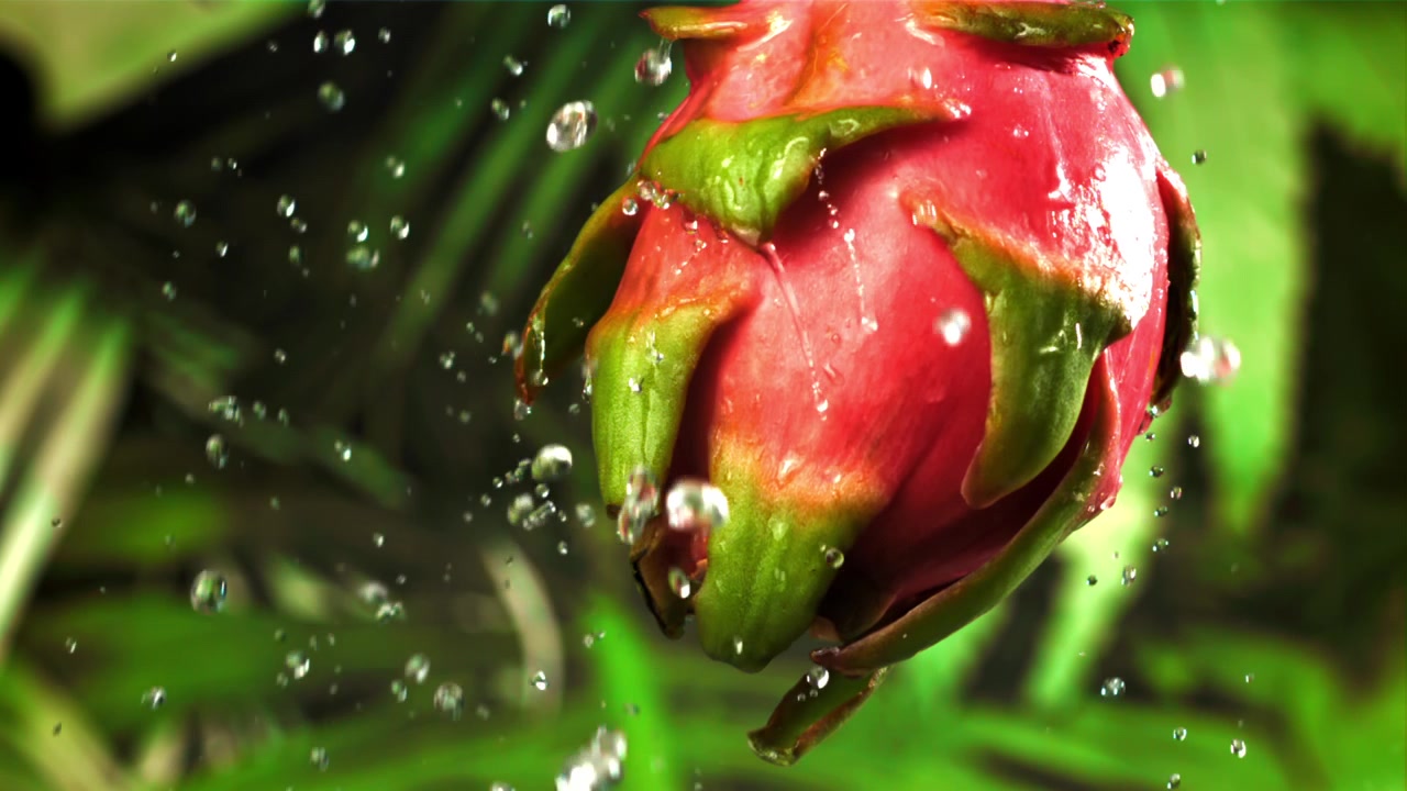 Fresh Dragon Fruit with Water Splashing on Green Background
