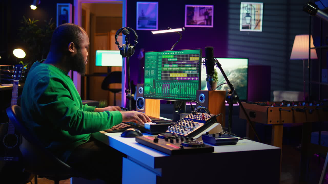 Producer composing new track with electronic gear in his home studio