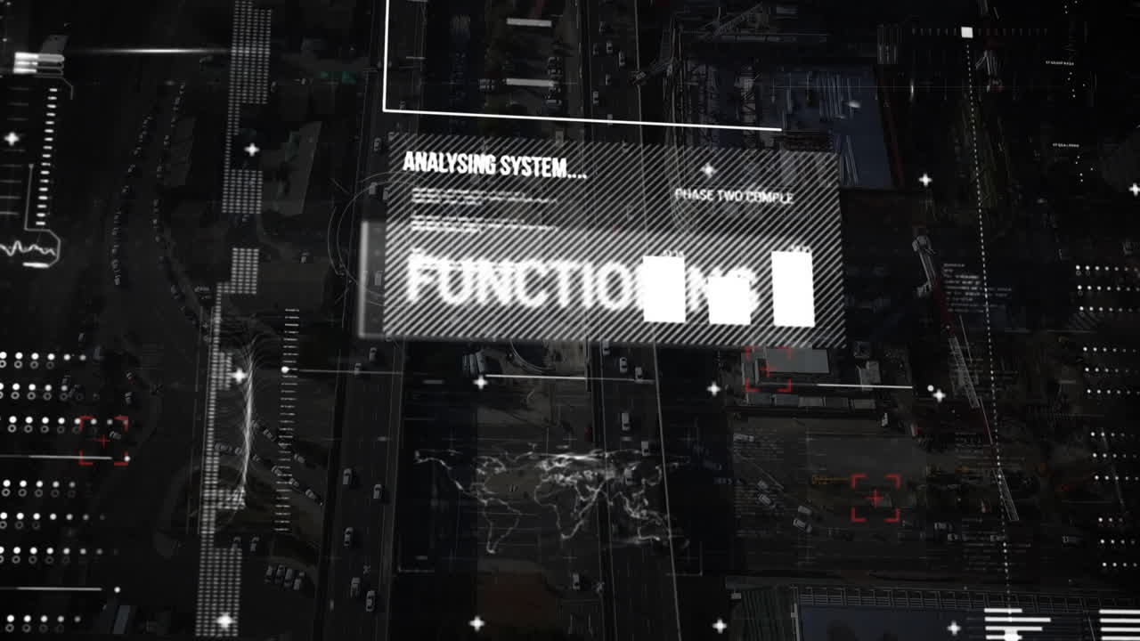 Animation of data processing and analysing on screen over cityscape