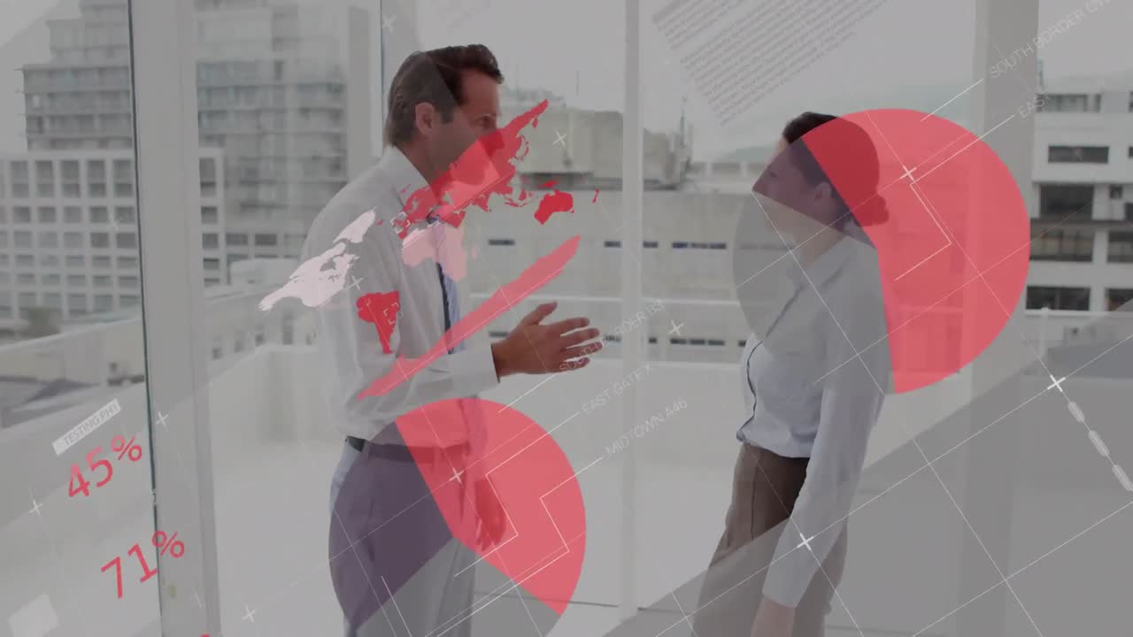 animación del procesamiento de datos estadísticos sobre empresario y mujer de negocios caucásicos discutiendo.