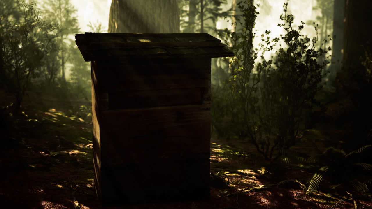 Mysterious wooden structure illuminated by sunlight in dense forest