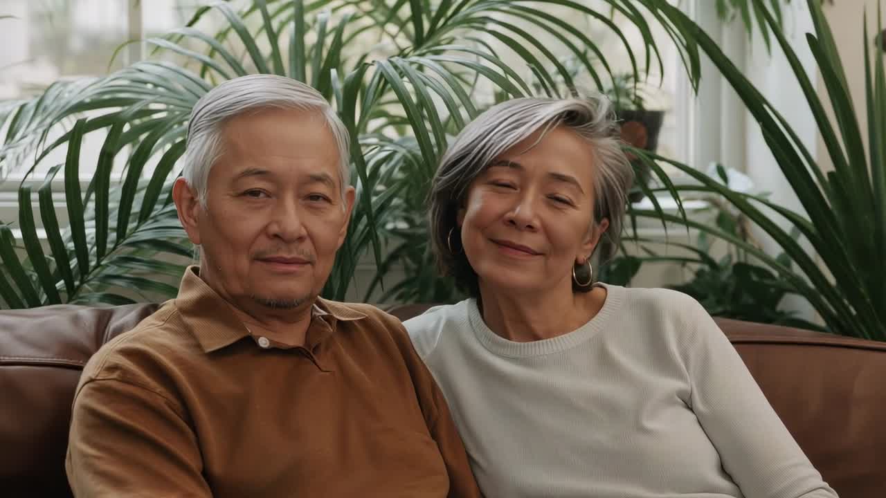 Leaning senior woman resting head on man's shoulder on leather couch with plants for comfort