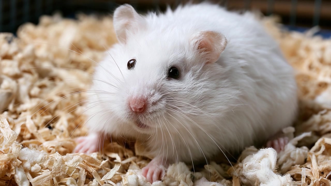 Un primo piano di un adorabile criceto bianco nella sua accogliente lettiera, che cattura le caratteristiche affascinanti e la natura espressiva di questo amato animale domestico.