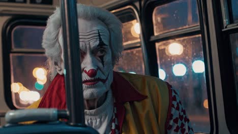viejo payaso en un autobús nocturno