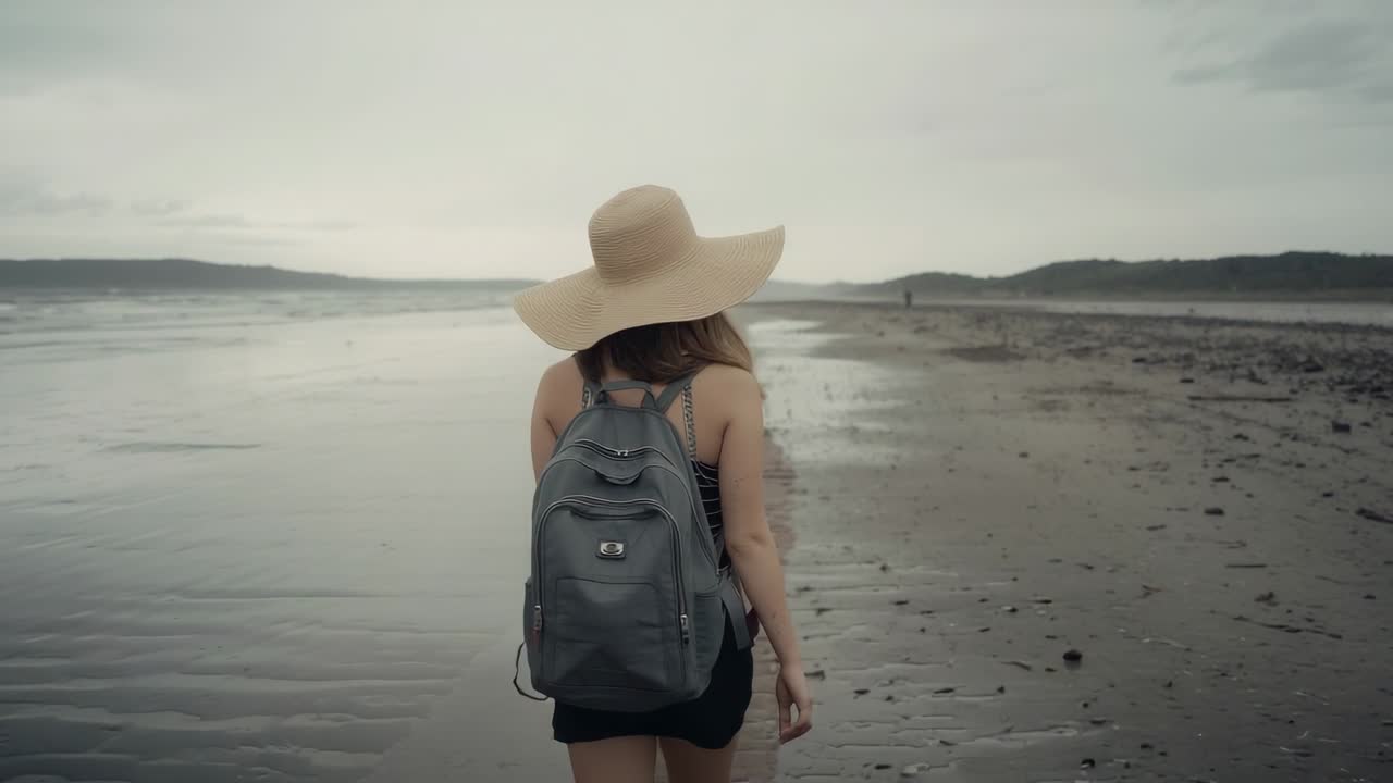 Donna che cammina allontanandosi dalla camera su una spiaggia di sabbia bagnata, indossa un cappello a tesa larga con uno zaino grigio