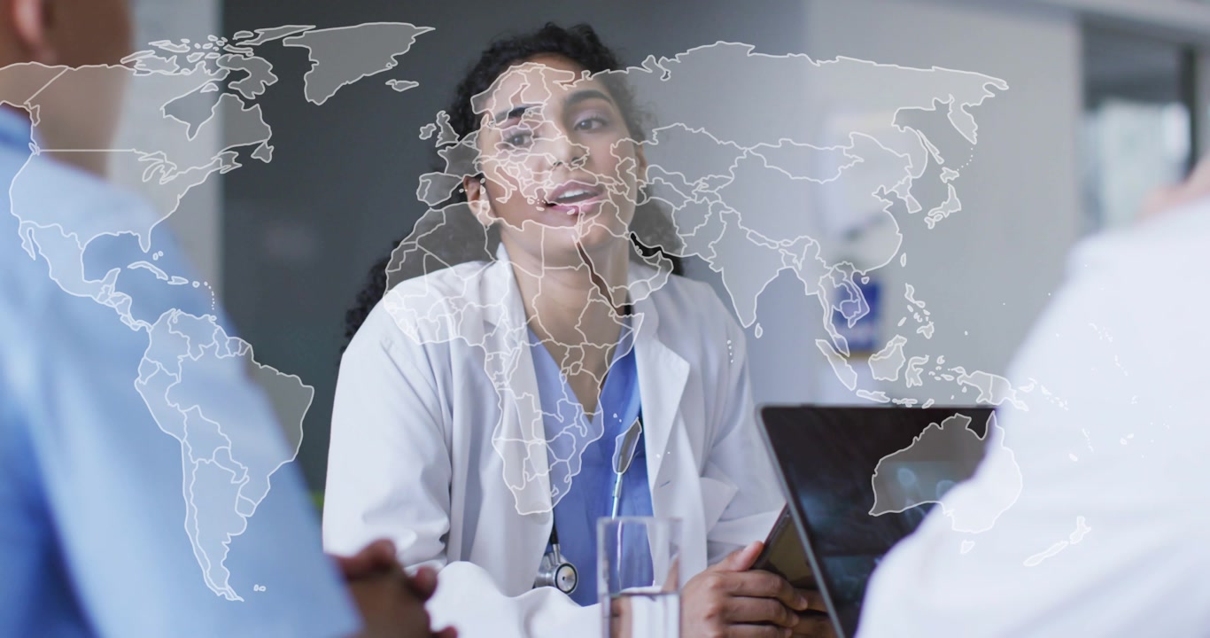 Female physician tapping tablet and pointing to X-ray while map shifting and guiding discussion