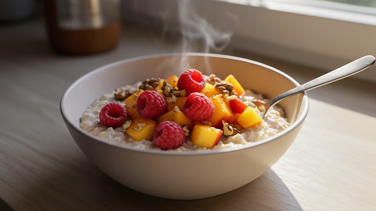 A Warm Bowl of Oatmeal Topped with Fresh Raspberries, Juicy Mango, and Crunchy Nuts, Perfect for a Nourishing Breakfast Experience