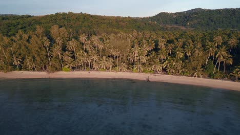 Magic-aerial-top-view-flight-natural-beach-bay-thailand,-Empty-beach-golden-hour,-lagoon-koh-kood-2022