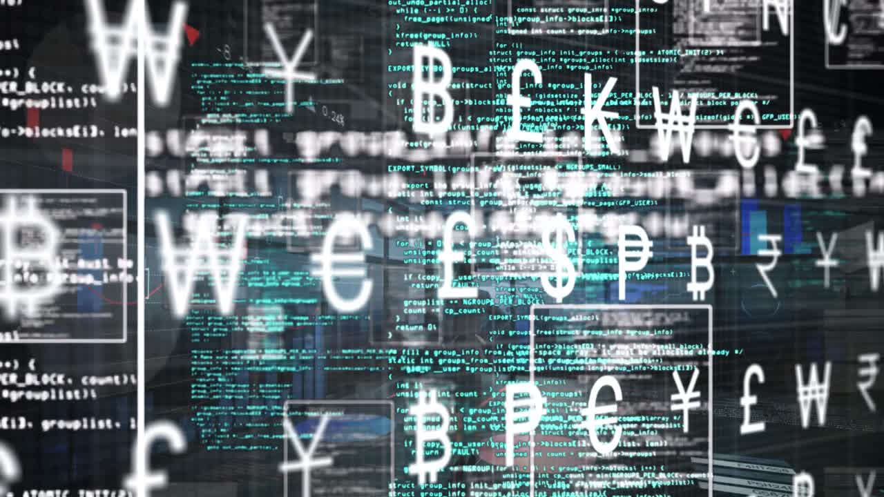 Animation of currency symbol and data processing on black background