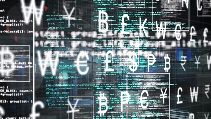 Animation of currency symbol and data processing on black background
