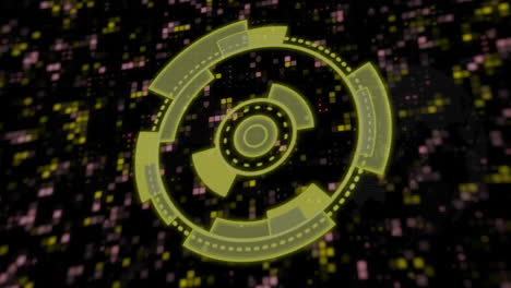 rotating circular interface animation on digital pixelated background