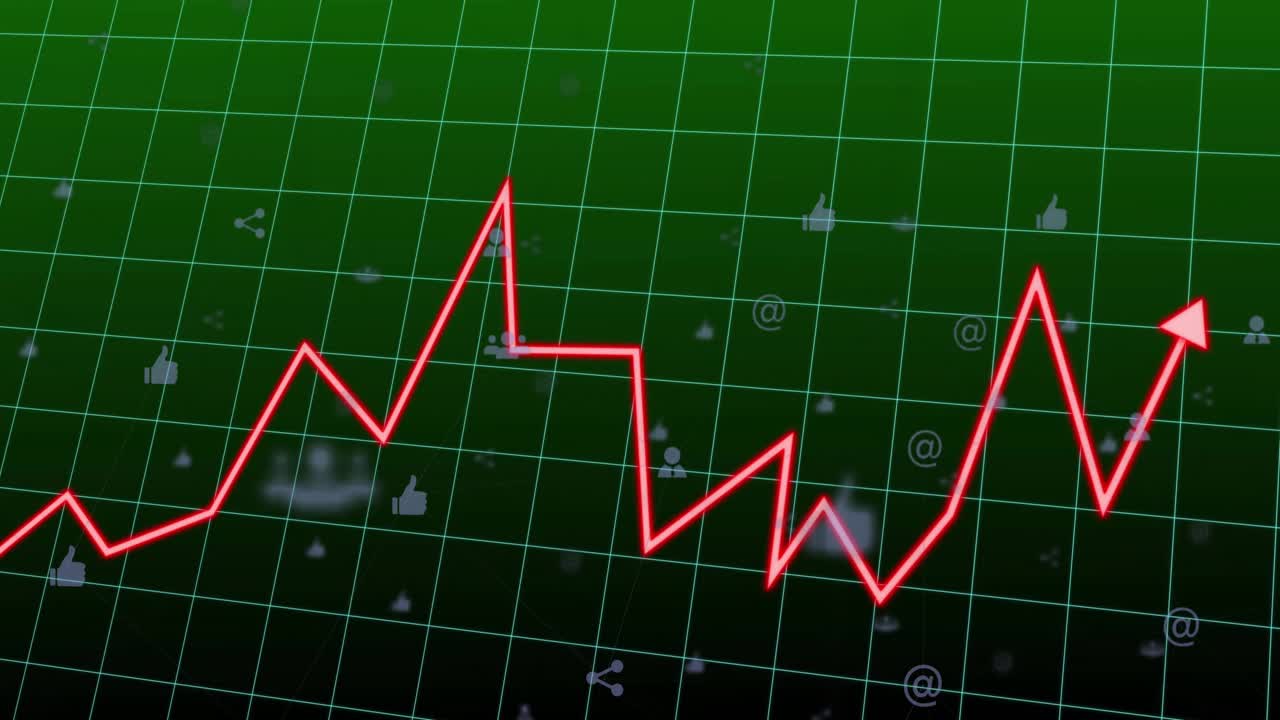 Red zigzagging line graph moving across green grid, highlighting floating thumbs-up and share nodes