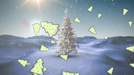 Multiple-christmas-tree-icons-falling-against-snow-falling-over-christmas-tree-on-winter-landscape