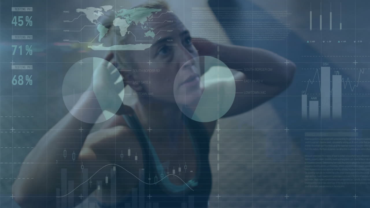 Animation of multiple infographic interface over caucasian woman doing crunches at gym