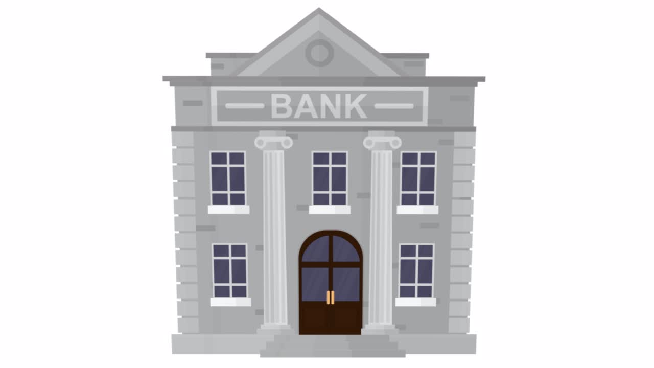 Bank building. Animation of a bank with a bank armored truck. Cartoon