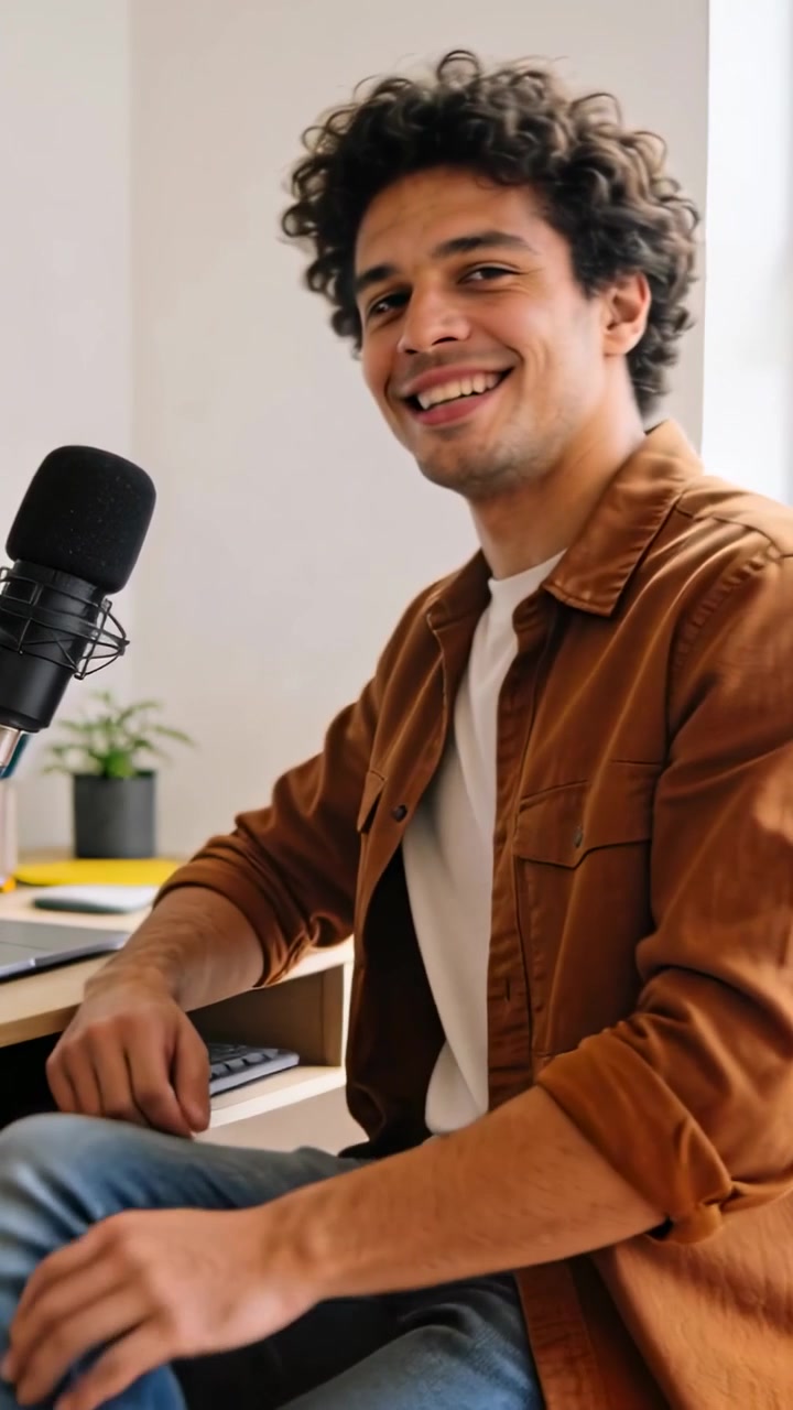 Vertikal video: Smilende mand i brun overdel vender sig mod kameraet, podcaster i hjemmestudie, mikrofonen er klar