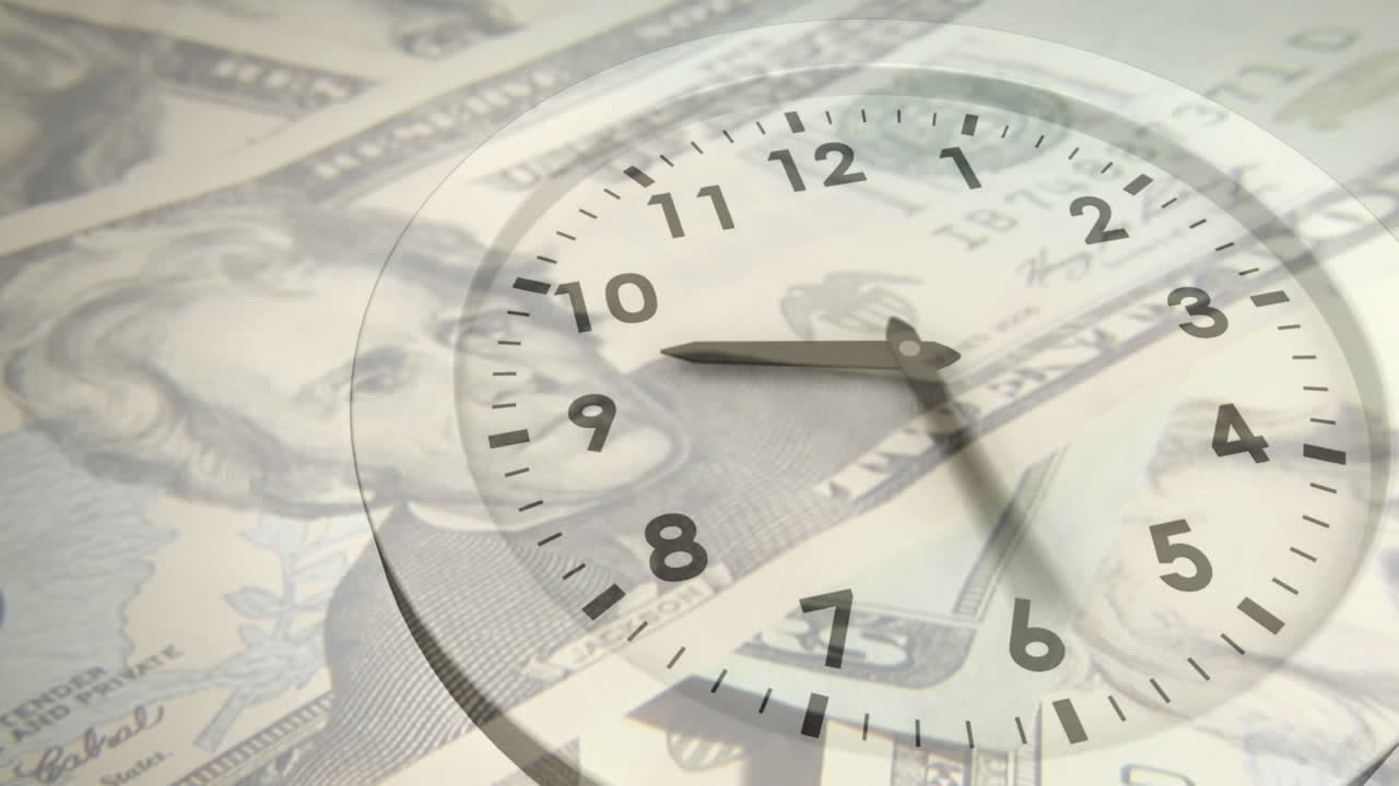 Animation of clock over dollar banknotes on white background