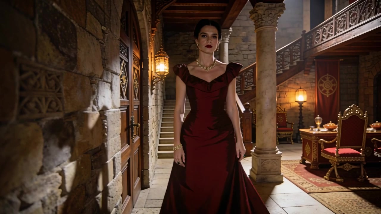 Spingendo una porta di legno, una donna in abito bordeaux si alza e cammina verso la scalinata, con le lanterne che brillano.