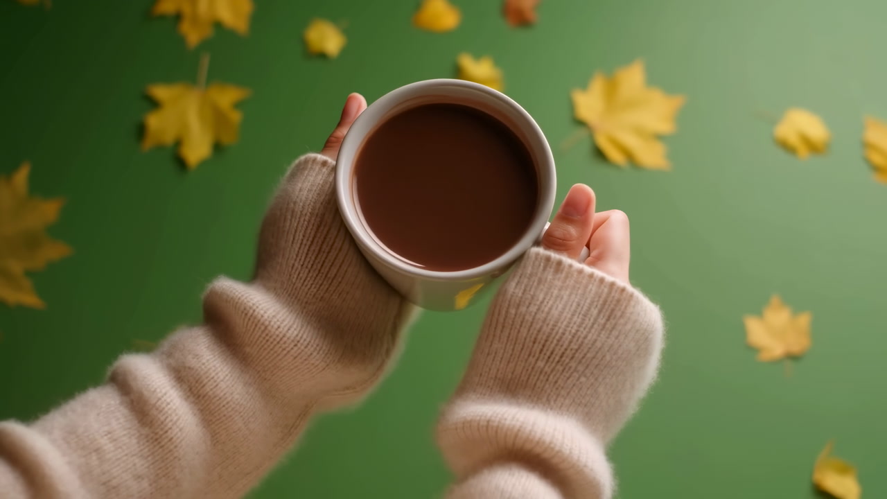 Sweater Hands Holding Cocoa Mug Over Green Backdrop With Scattered Yellow Maple Leaves Closeup Top View Warm
