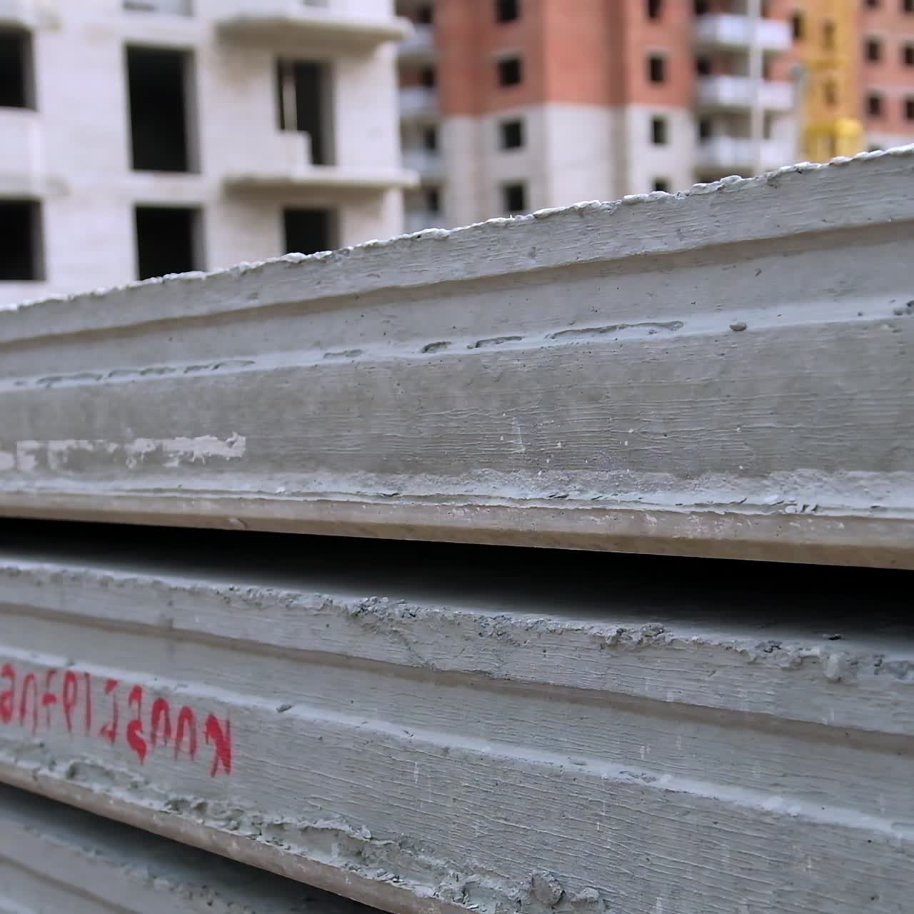 Grey long concrete blocks piled outdoors. Close up. Unfinished buildings with window holes at backdrop in blur