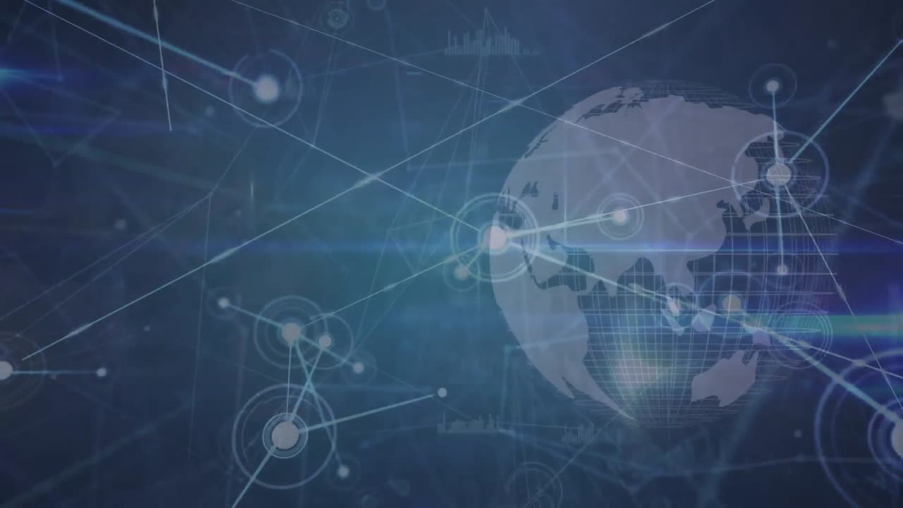 파란색 배경에 회전하는 지구 위에서 연결 네트워크와 데이터 처리의 애니메이션