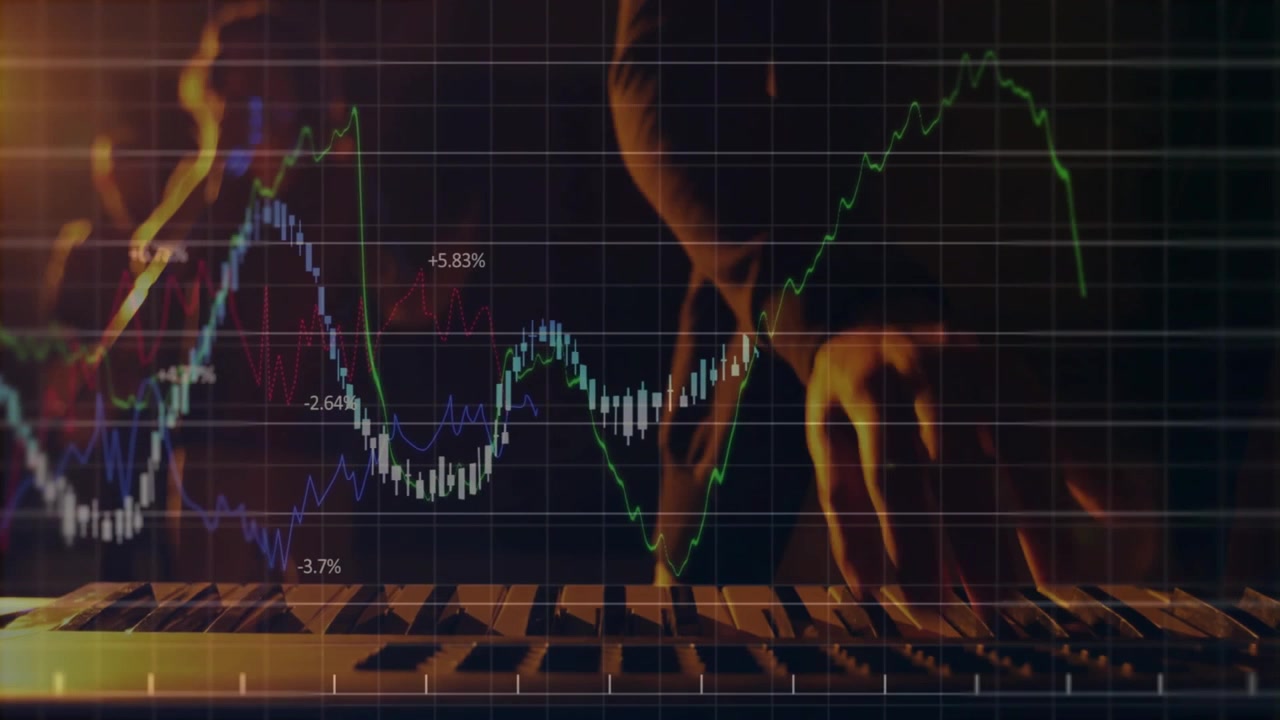 Musician hands pressing keyboard keys creating colored line and candle charts visualizing tempo