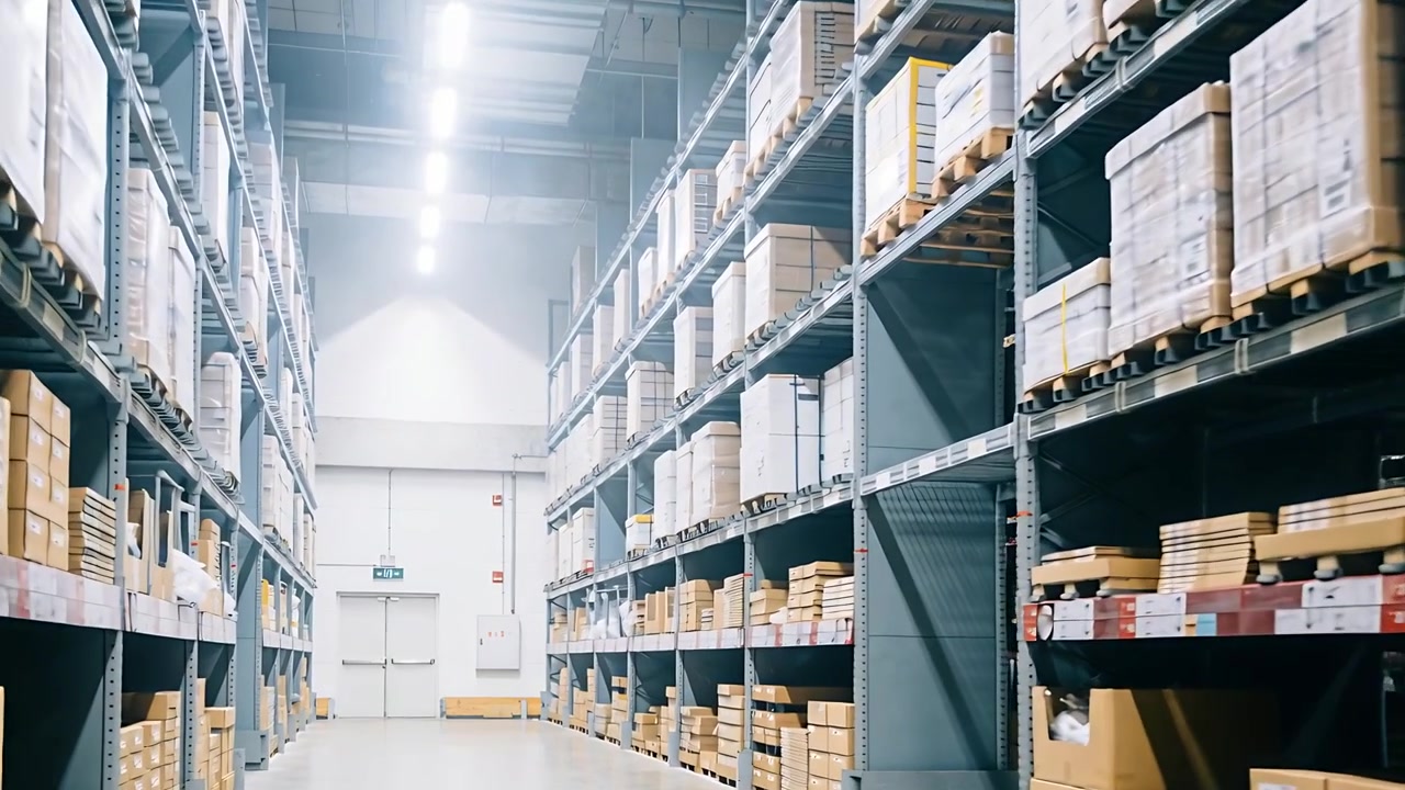 Starting dolly pushing down main warehouse aisle to reach exit, showing shelf labels and pallets