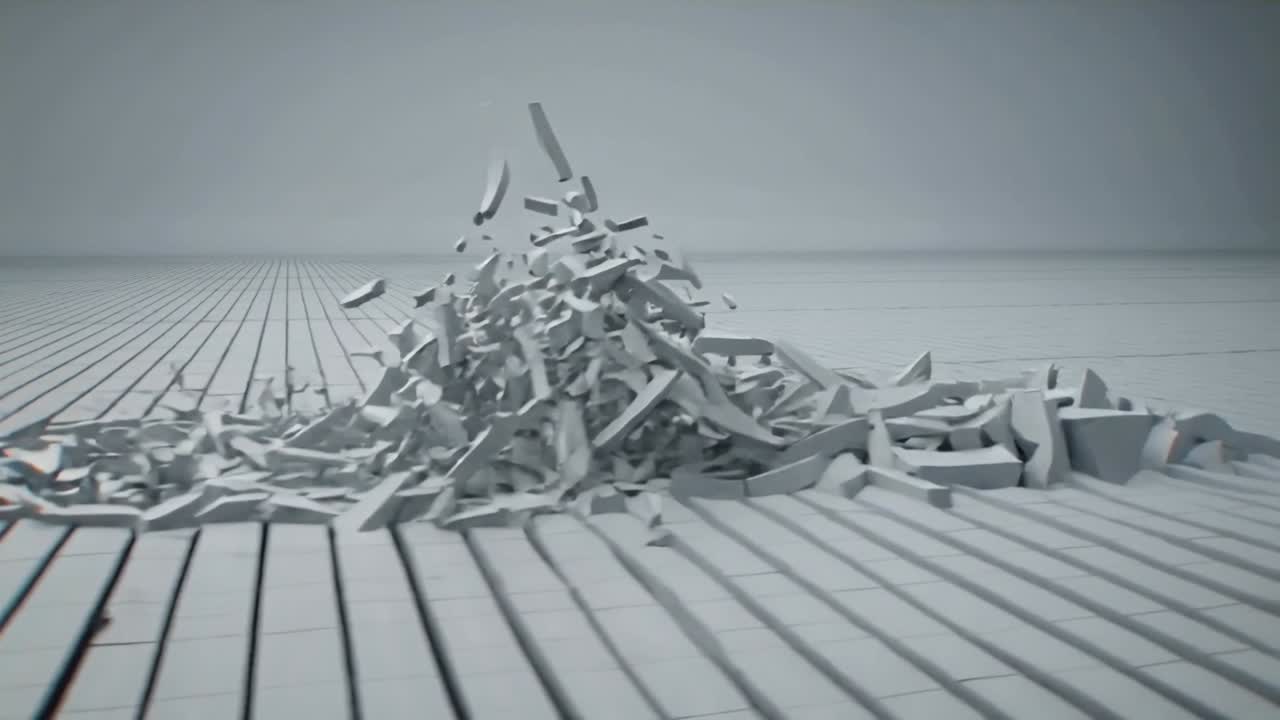 Sporgendo da una depressione, doghe parallele si sollevano e si deformano sul pavimento dello studio con frammenti volanti.