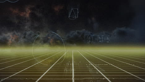 animation of moving yellow and green grid and particles in red digital moving on black