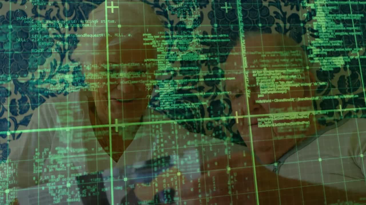 animación del procesamiento de datos digitales sobre una feliz pareja de ancianos
