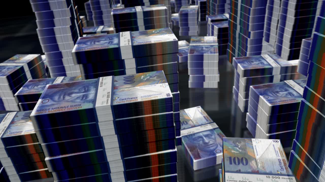 Animation en boucle de vol 3D au-dessus de liasses de billets de francs suisses.